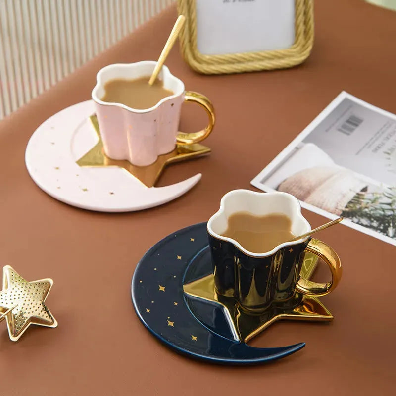 Creative Ceramic Cup With Star And Moon Saucer - Bellarte Enchanté Creative Ceramic Cup With Star And Moon Saucer